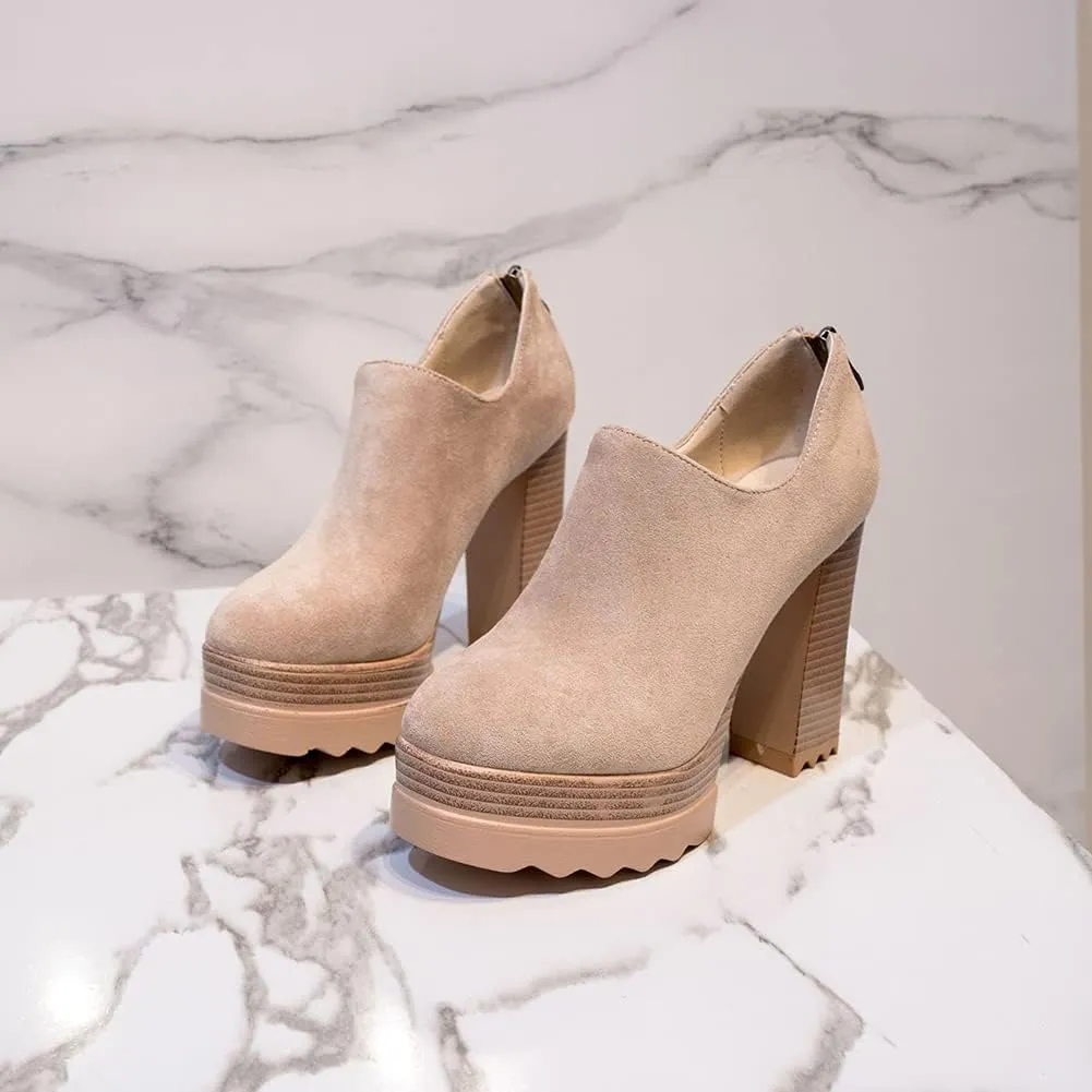 Ankle Booties Women's Suede Classic Back Zip Platform Chunky High Heel Round Toe Dress Pump Shoes