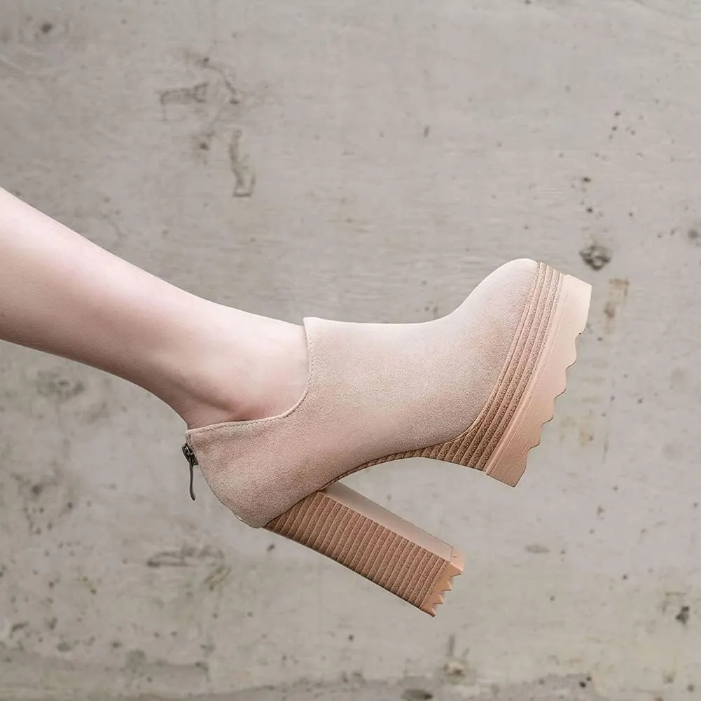 Ankle Booties Women's Suede Classic Back Zip Platform Chunky High Heel Round Toe Dress Pump Shoes