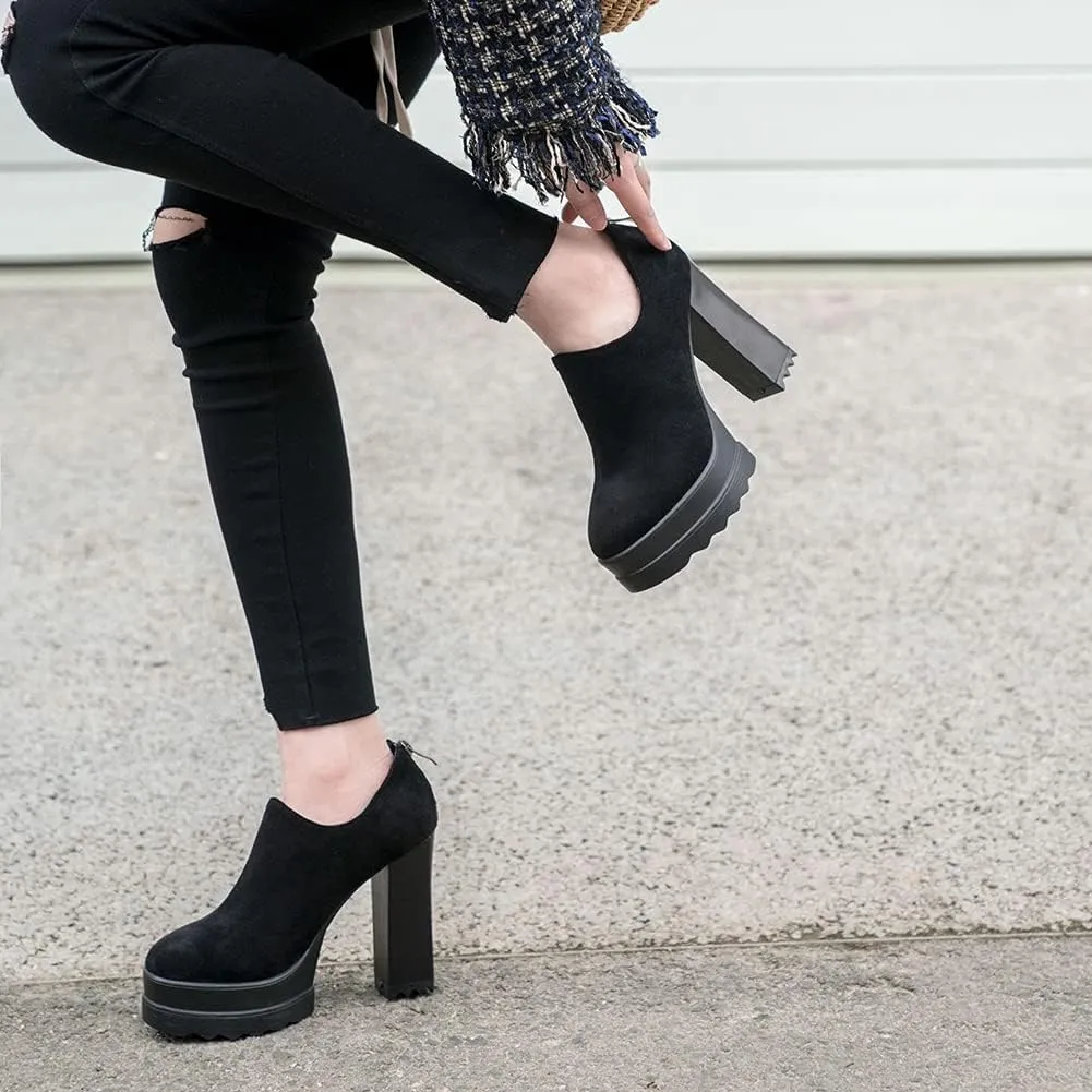 Ankle Booties Women's Suede Classic Back Zip Platform Chunky High Heel Round Toe Dress Pump Shoes