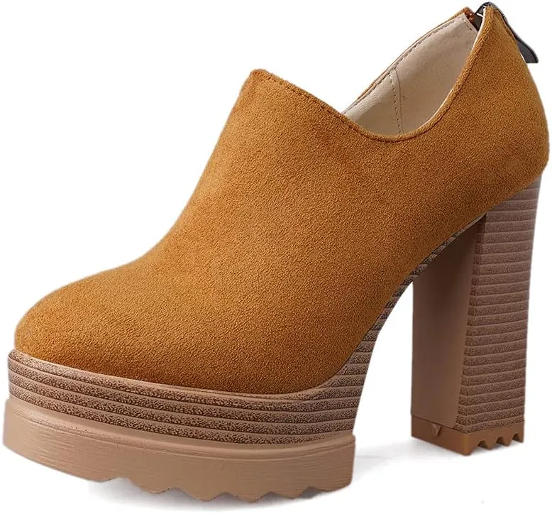 Ankle Booties Women's Suede Classic Back Zip Platform Chunky High Heel Round Toe Dress Pump Shoes