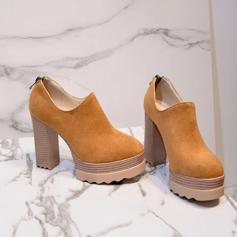 Ankle Booties Women's Suede Classic Back Zip Platform Chunky High Heel Round Toe Dress Pump Shoes