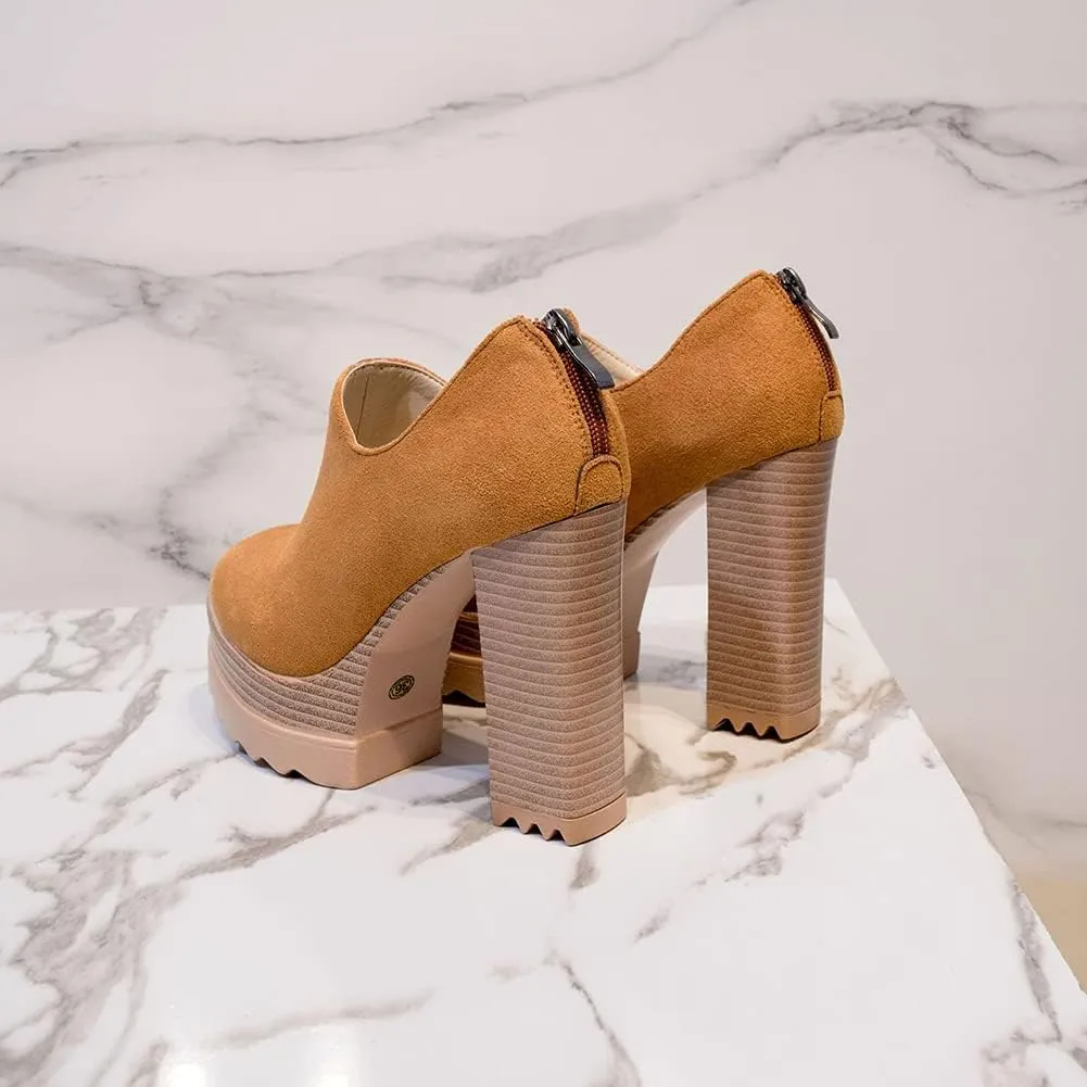Ankle Booties Women's Suede Classic Back Zip Platform Chunky High Heel Round Toe Dress Pump Shoes