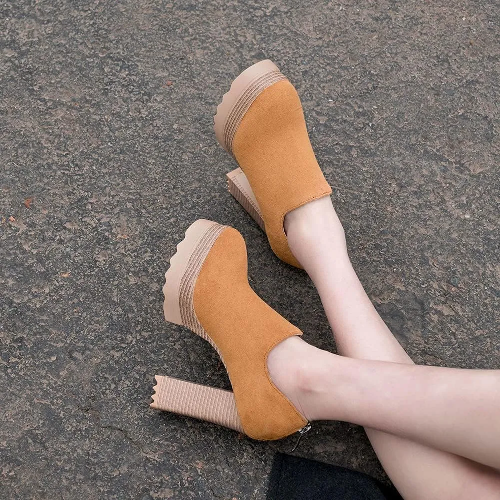 Ankle Booties Women's Suede Classic Back Zip Platform Chunky High Heel Round Toe Dress Pump Shoes