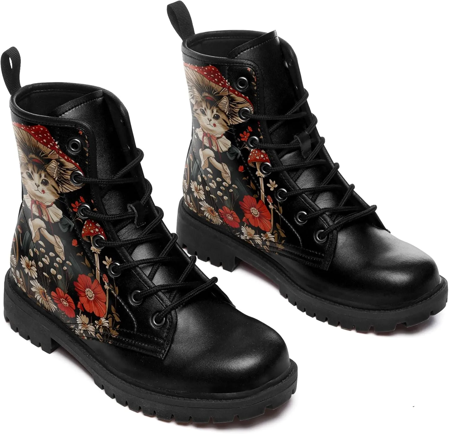 Artistic Mushroom Mid-Top Combat Boots Men's Women's Floral Lace-Up Ankle Shoes for Hiking,Street Wear,Casual Walking
