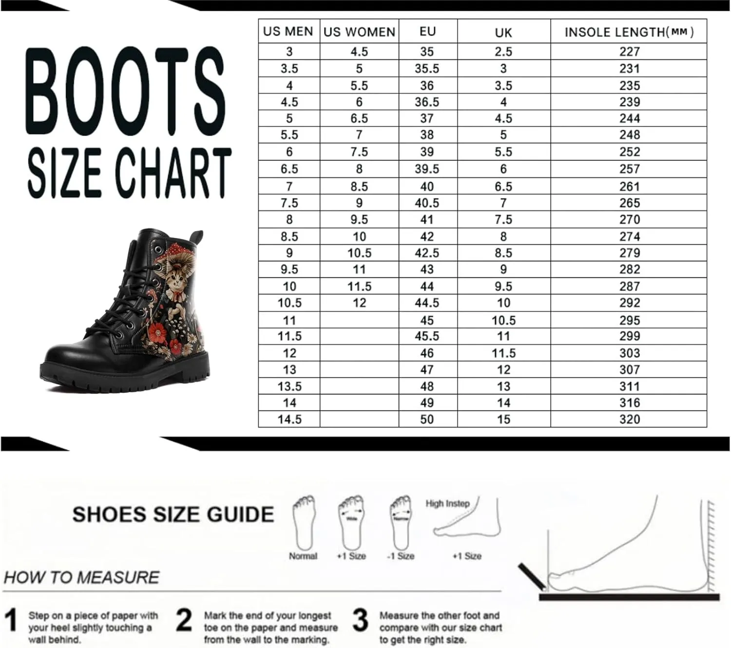 Artistic Mushroom Mid-Top Combat Boots Men's Women's Floral Lace-Up Ankle Shoes for Hiking,Street Wear,Casual Walking