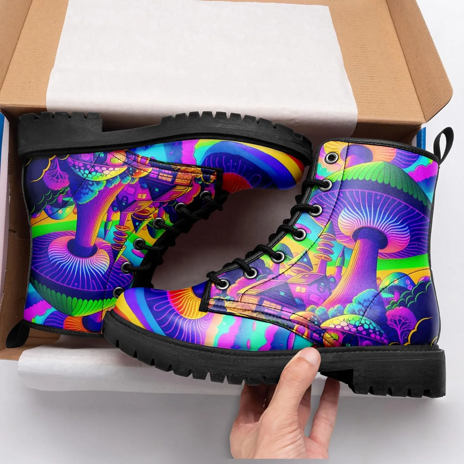 Artistic Mushroom Mid-Top Combat Boots Men's Women's Floral Lace-Up Ankle Shoes for Hiking,Street Wear,Casual Walking
