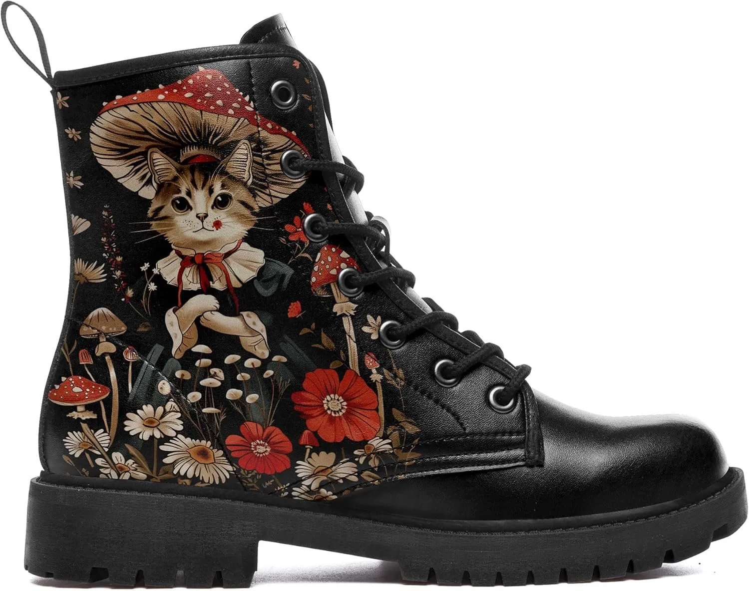 Artistic Mushroom Mid-Top Combat Boots Men's Women's Floral Lace-Up Ankle Shoes for Hiking,Street Wear,Casual Walking