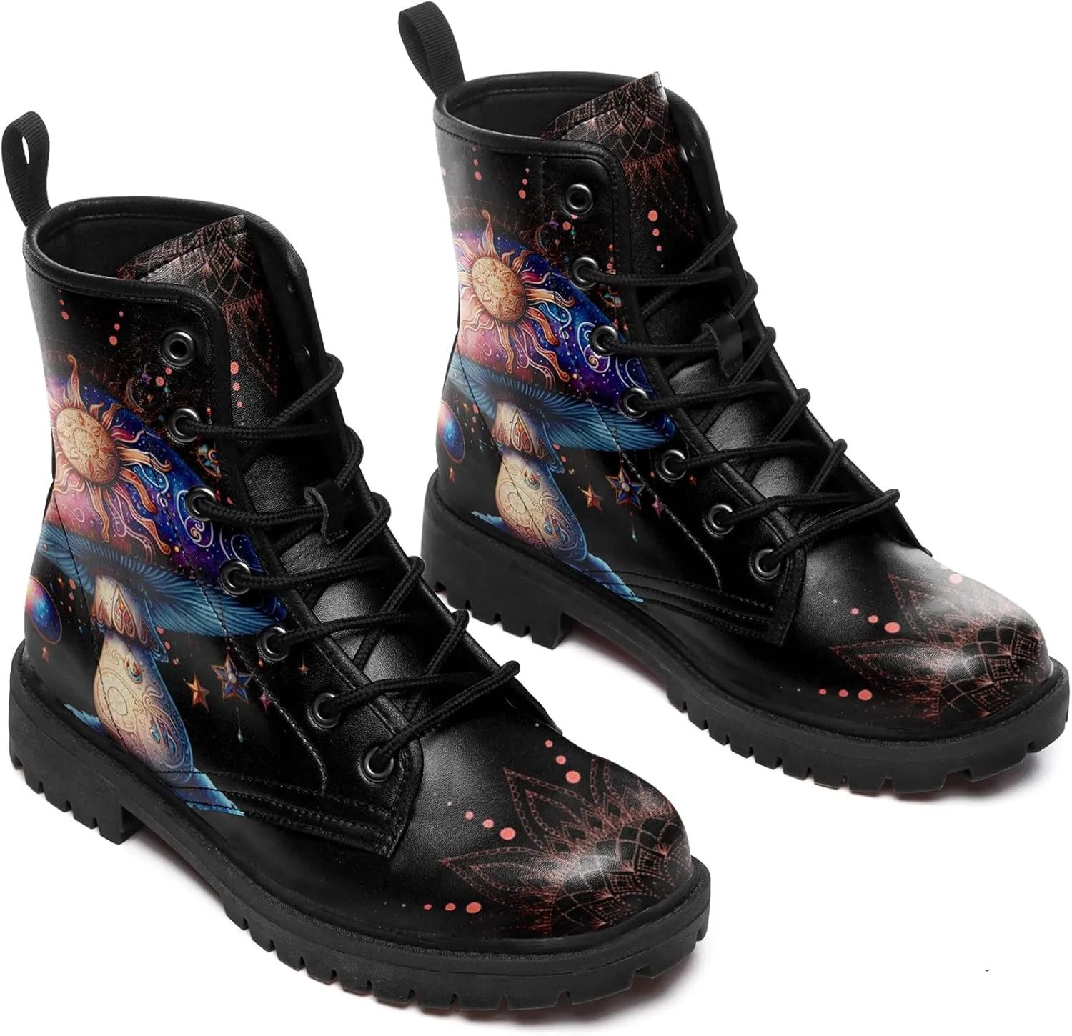 Artistic Mushroom Mid-Top Combat Boots Men's Women's Floral Lace-Up Ankle Shoes for Hiking,Street Wear,Casual Walking