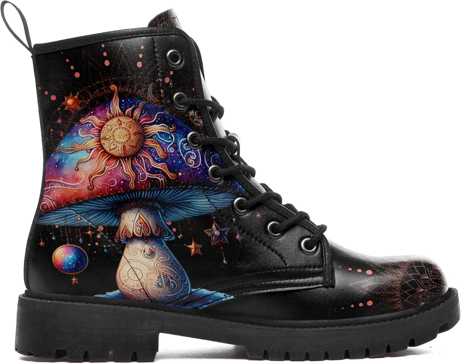 Artistic Mushroom Mid-Top Combat Boots Men's Women's Floral Lace-Up Ankle Shoes for Hiking,Street Wear,Casual Walking