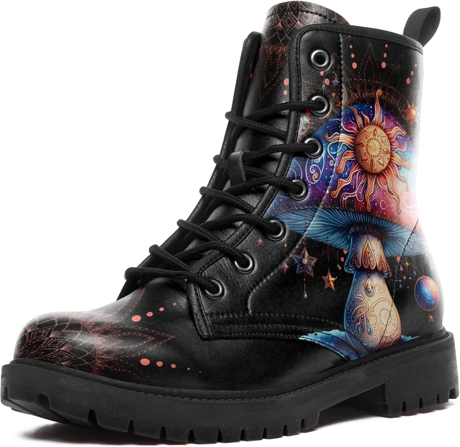 Artistic Mushroom Mid-Top Combat Boots Men's Women's Floral Lace-Up Ankle Shoes for Hiking,Street Wear,Casual Walking