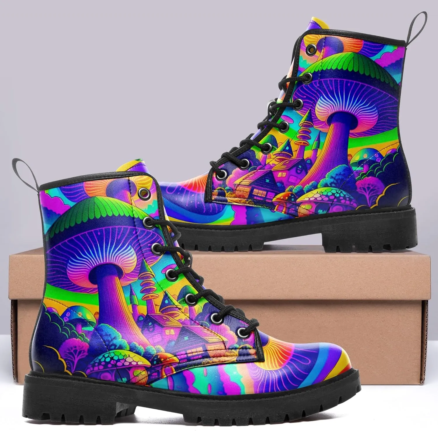 Artistic Mushroom Mid-Top Combat Boots Men's Women's Floral Lace-Up Ankle Shoes for Hiking,Street Wear,Casual Walking