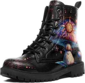 Artistic Mushroom Mid-Top Combat Boots Men's Women's Floral Lace-Up Ankle Shoes for Hiking,Street Wear,Casual Walking