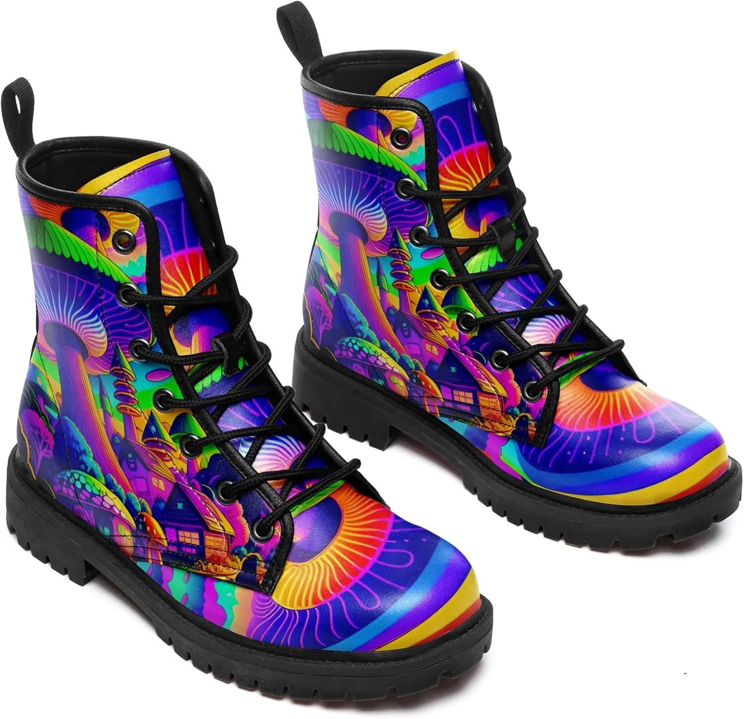 Artistic Mushroom Mid-Top Combat Boots Men's Women's Floral Lace-Up Ankle Shoes for Hiking,Street Wear,Casual Walking