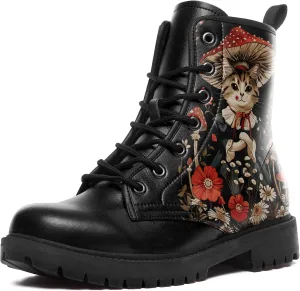 Artistic Mushroom Mid-Top Combat Boots Men's Women's Floral Lace-Up Ankle Shoes for Hiking,Street Wear,Casual Walking