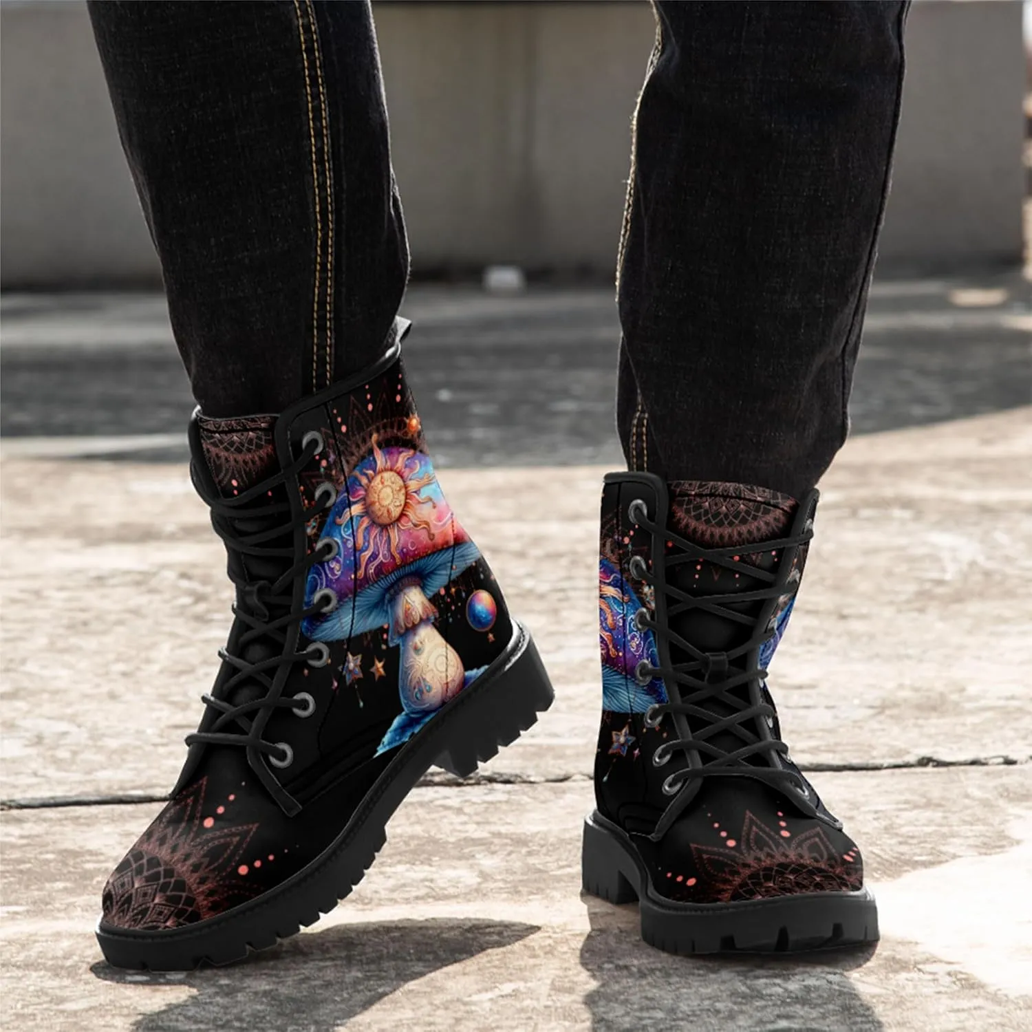 Artistic Mushroom Mid-Top Combat Boots Men's Women's Floral Lace-Up Ankle Shoes for Hiking,Street Wear,Casual Walking