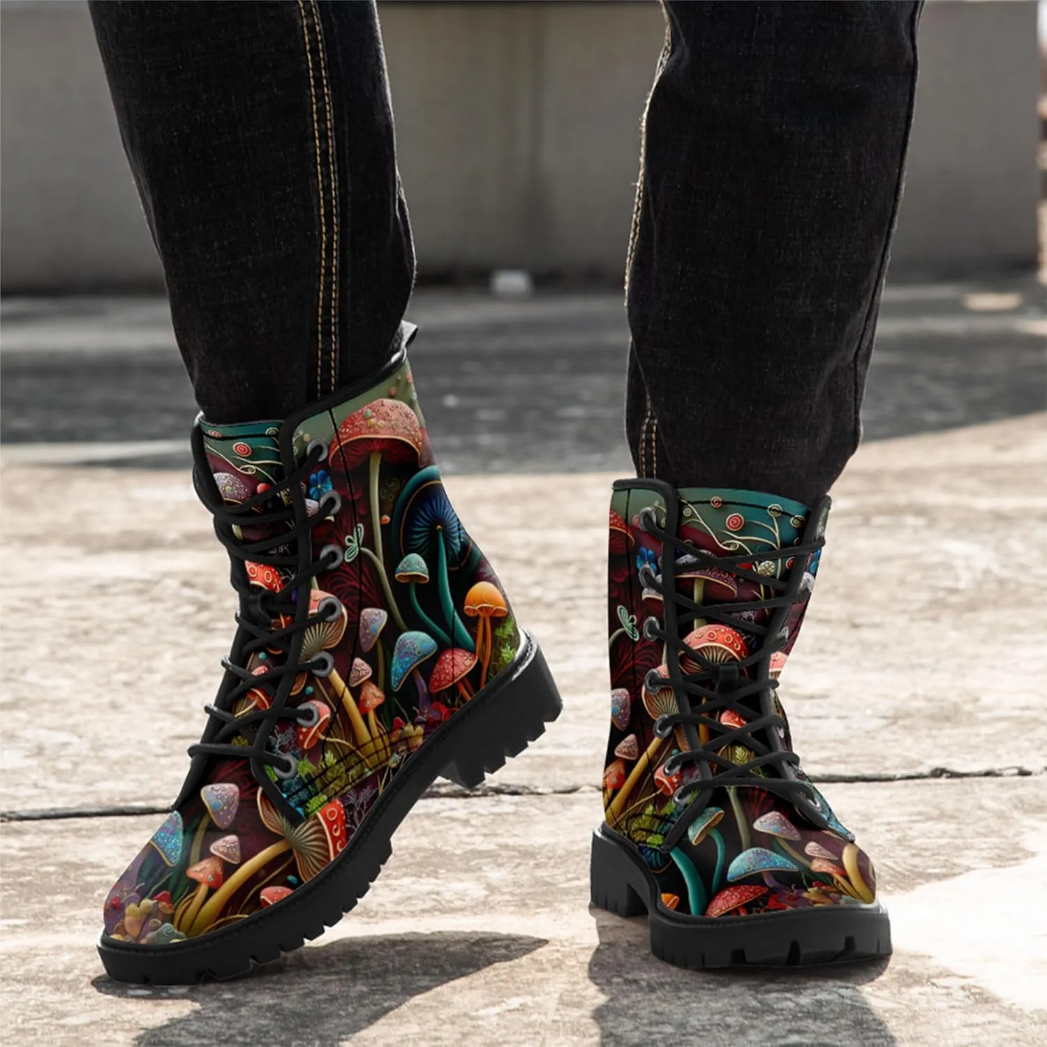 Artistic Mushroom Mid-Top Combat Boots Men's Women's Floral Lace-Up Ankle Shoes for Hiking,Street Wear,Casual Walking