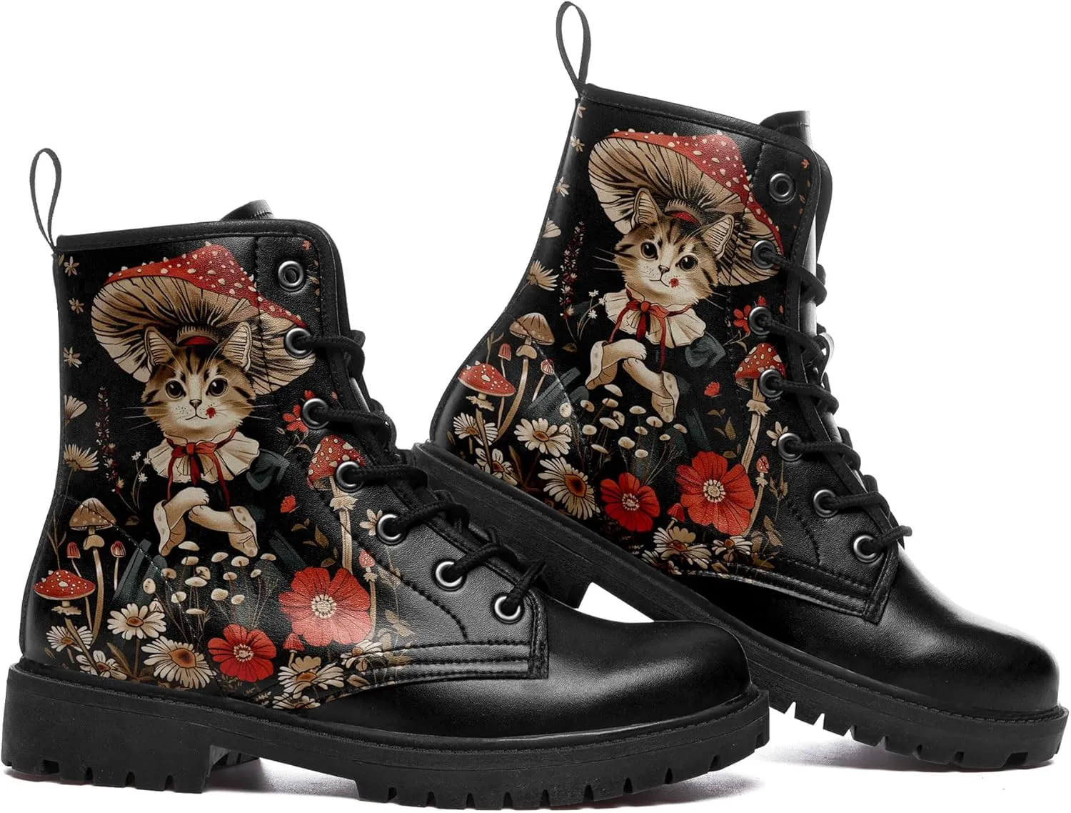 Artistic Mushroom Mid-Top Combat Boots Men's Women's Floral Lace-Up Ankle Shoes for Hiking,Street Wear,Casual Walking