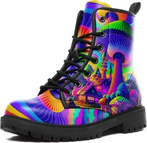 Artistic Mushroom Mid-Top Combat Boots Men's Women's Floral Lace-Up Ankle Shoes for Hiking,Street Wear,Casual Walking