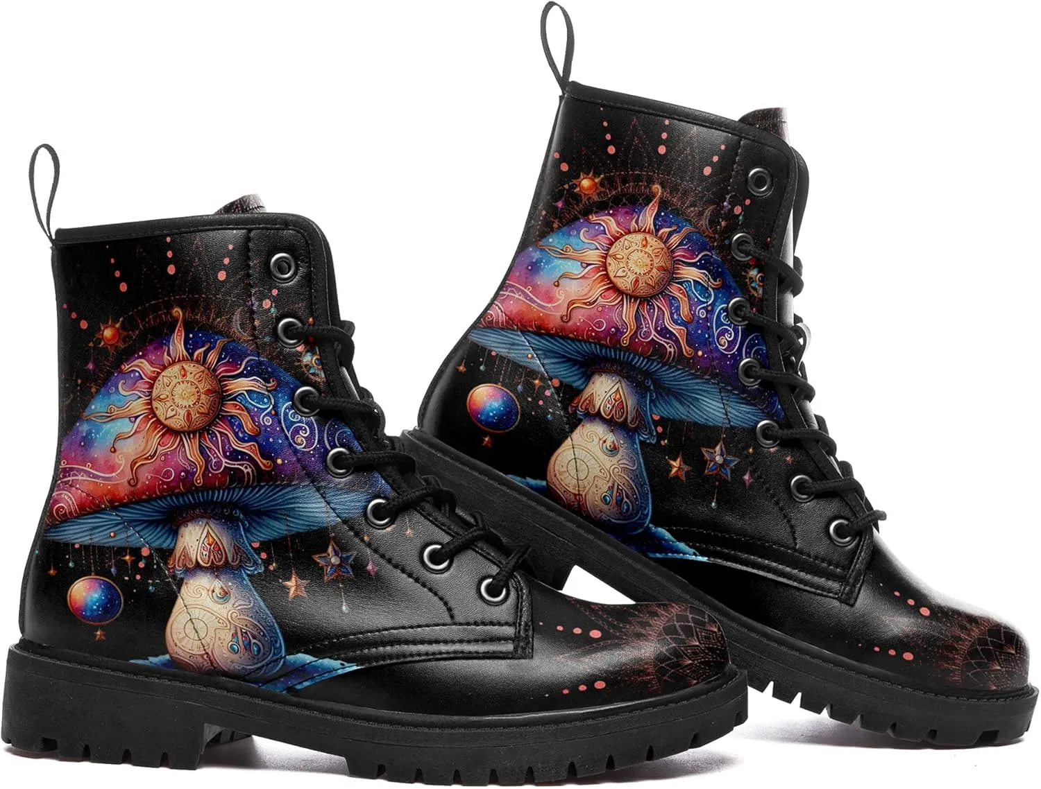 Artistic Mushroom Mid-Top Combat Boots Men's Women's Floral Lace-Up Ankle Shoes for Hiking,Street Wear,Casual Walking