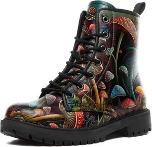 Artistic Mushroom Mid-Top Combat Boots Men's Women's Floral Lace-Up Ankle Shoes for Hiking,Street Wear,Casual Walking