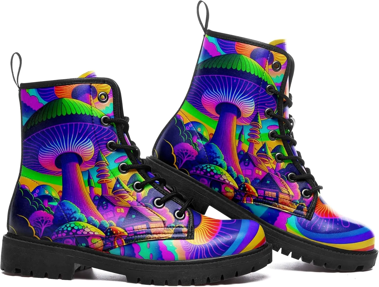 Artistic Mushroom Mid-Top Combat Boots Men's Women's Floral Lace-Up Ankle Shoes for Hiking,Street Wear,Casual Walking