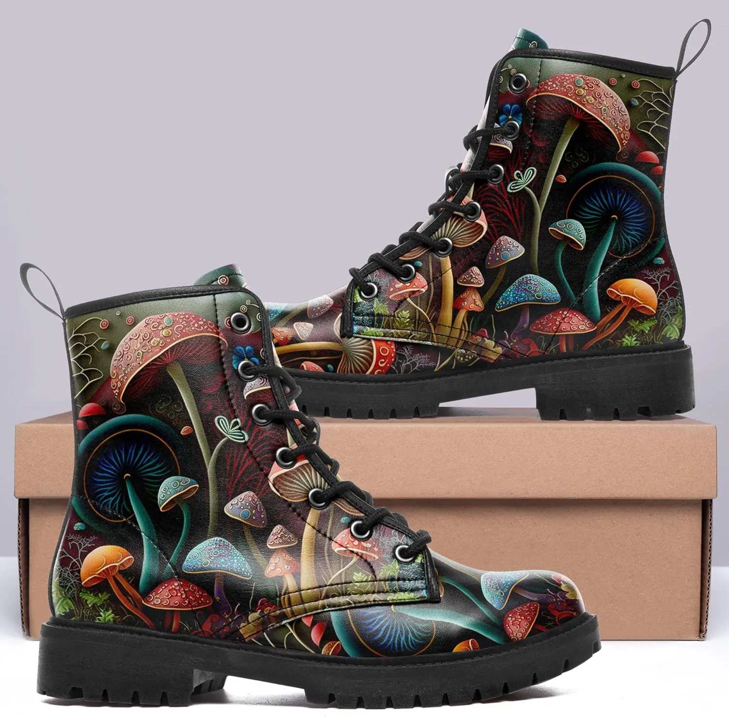 Artistic Mushroom Mid-Top Combat Boots Men's Women's Floral Lace-Up Ankle Shoes for Hiking,Street Wear,Casual Walking