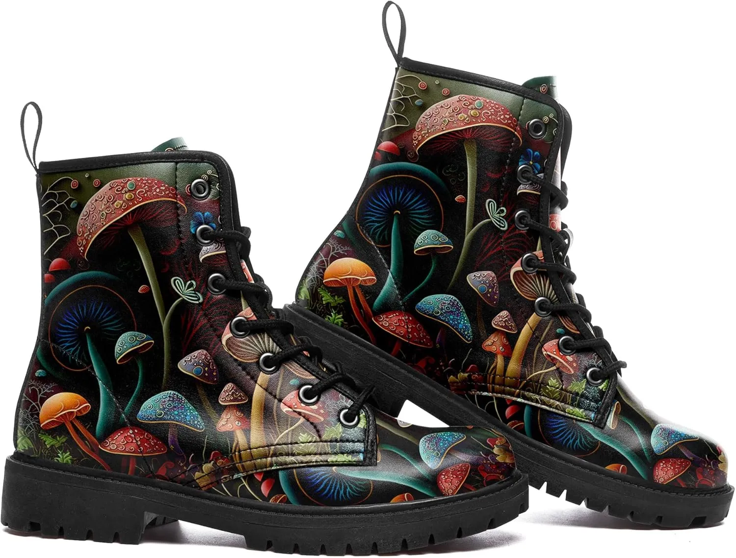 Artistic Mushroom Mid-Top Combat Boots Men's Women's Floral Lace-Up Ankle Shoes for Hiking,Street Wear,Casual Walking