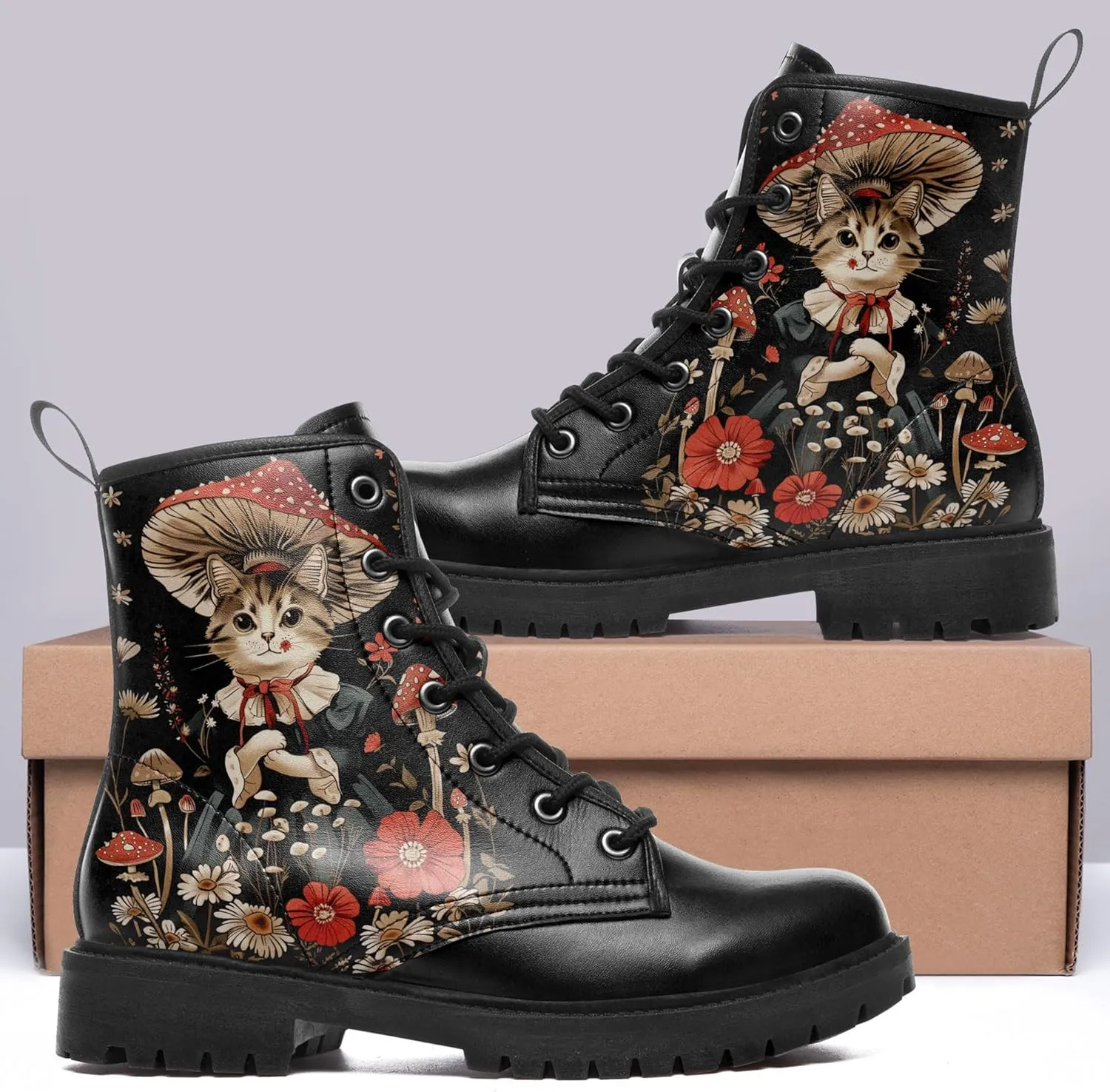 Artistic Mushroom Mid-Top Combat Boots Men's Women's Floral Lace-Up Ankle Shoes for Hiking,Street Wear,Casual Walking