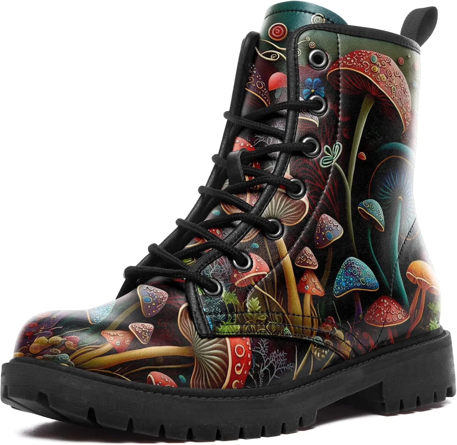 Artistic Mushroom Mid-Top Combat Boots Men's Women's Floral Lace-Up Ankle Shoes for Hiking,Street Wear,Casual Walking