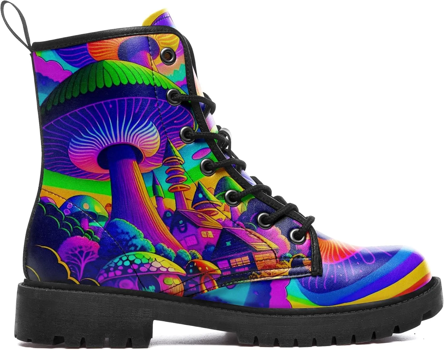 Artistic Mushroom Mid-Top Combat Boots Men's Women's Floral Lace-Up Ankle Shoes for Hiking,Street Wear,Casual Walking