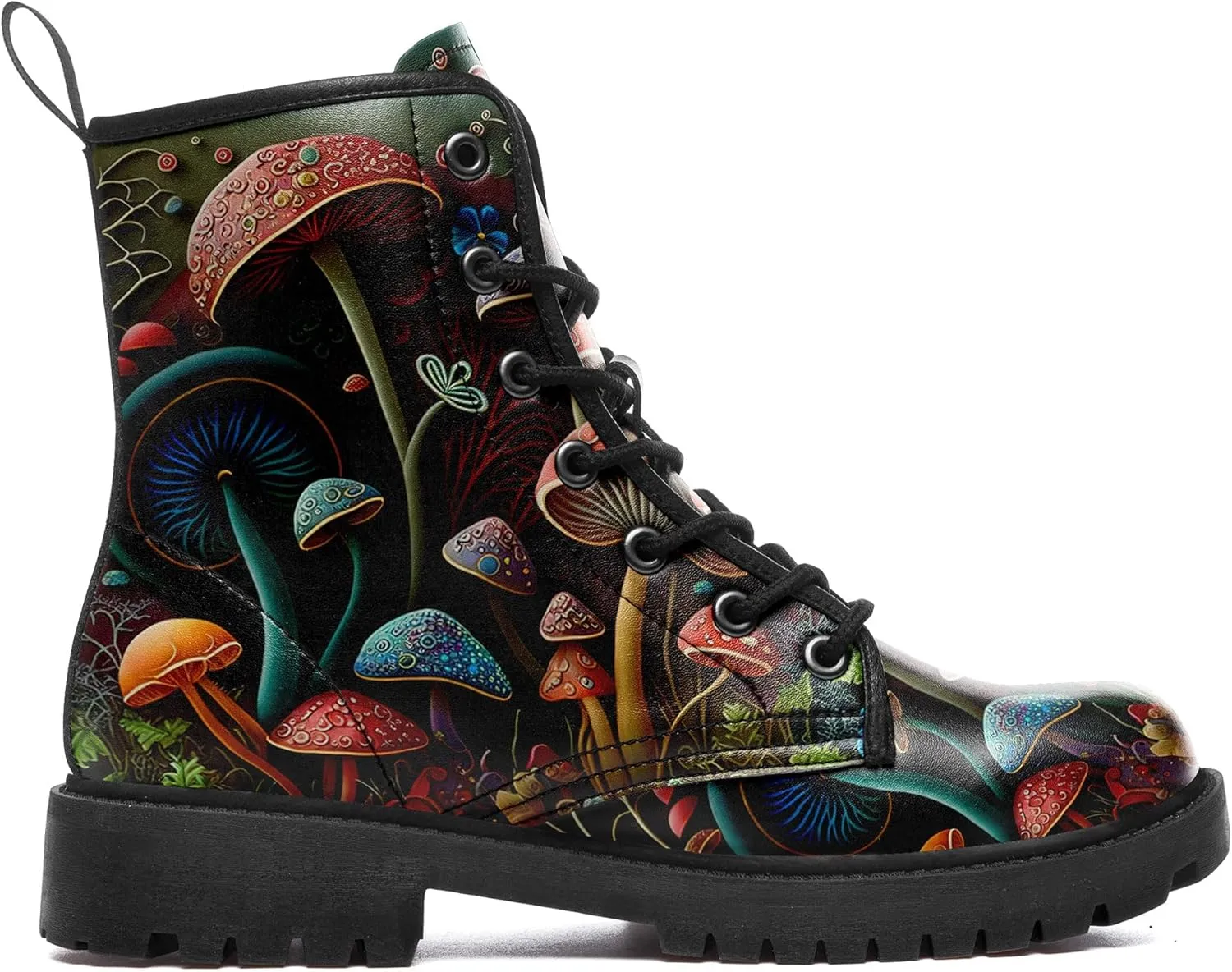Artistic Mushroom Mid-Top Combat Boots Men's Women's Floral Lace-Up Ankle Shoes for Hiking,Street Wear,Casual Walking