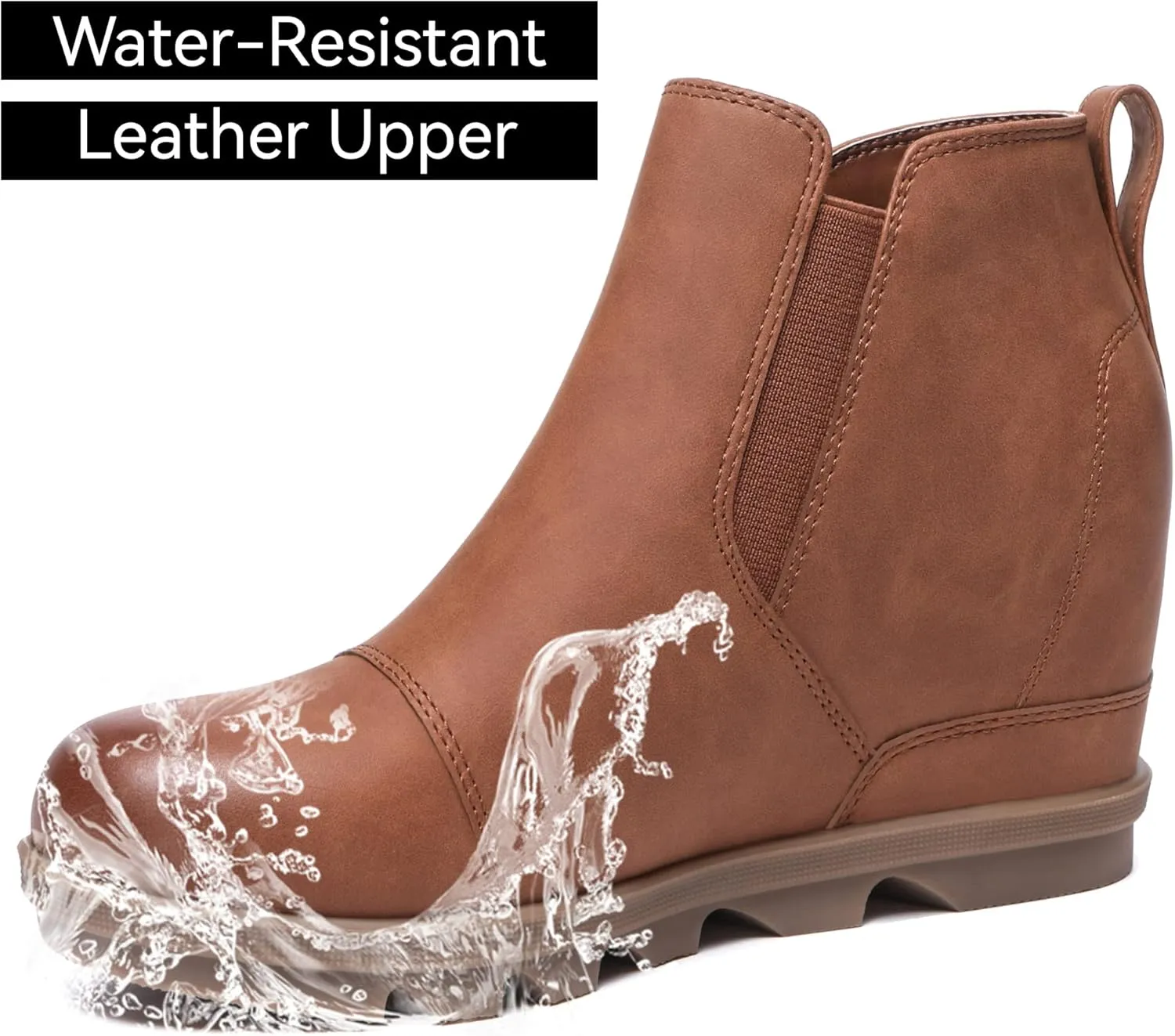Athlefit Women's Wedge Ankle Boots Comfort Slip-On Waterproof Leather Platform Booties