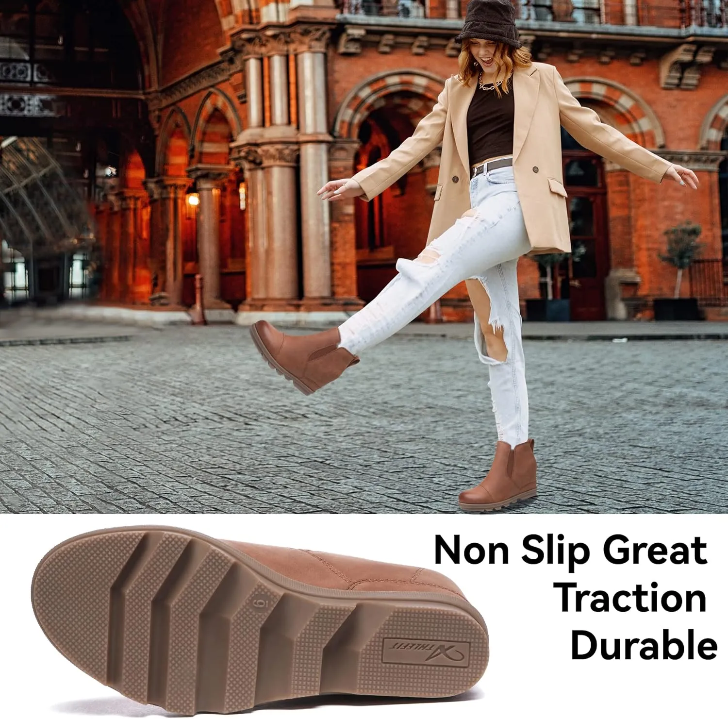 Athlefit Women's Wedge Ankle Boots Comfort Slip-On Waterproof Leather Platform Booties