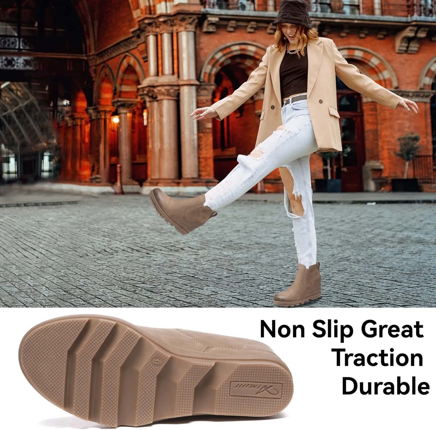Athlefit Women's Wedge Ankle Boots Comfort Slip-On Waterproof Leather Platform Booties