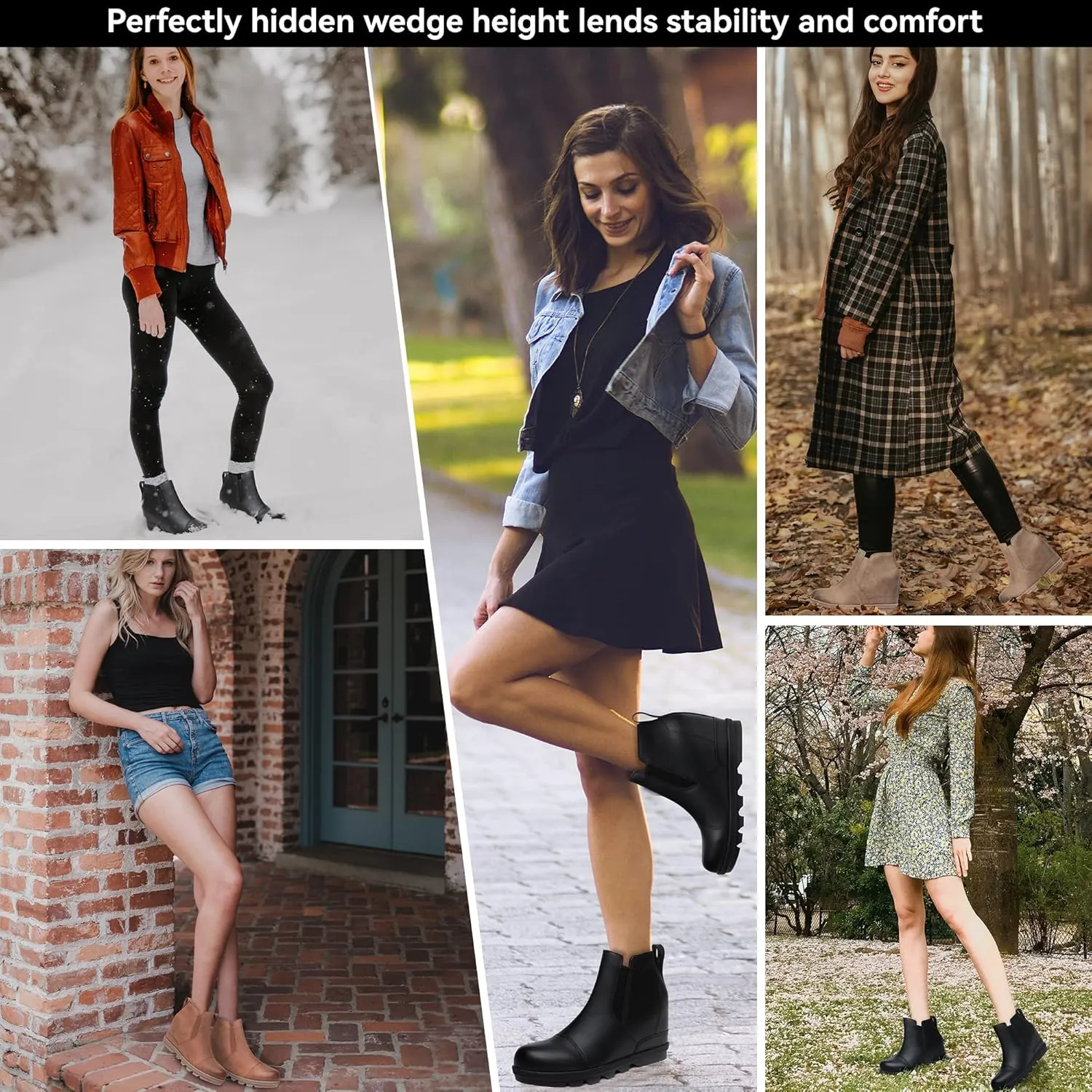 Athlefit Women's Wedge Ankle Boots Comfort Slip-On Waterproof Leather Platform Booties
