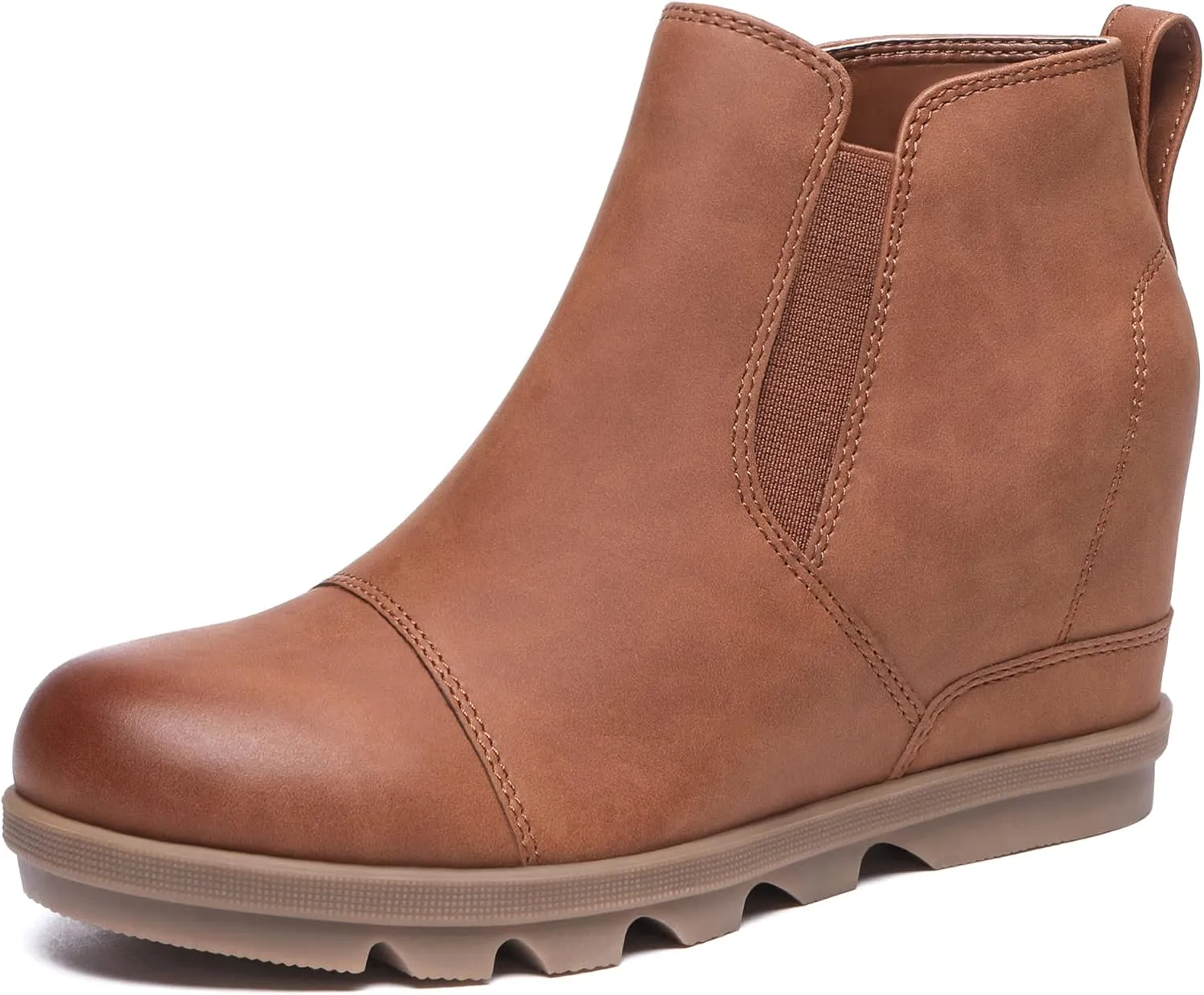Athlefit Women's Wedge Ankle Boots Comfort Slip-On Waterproof Leather Platform Booties