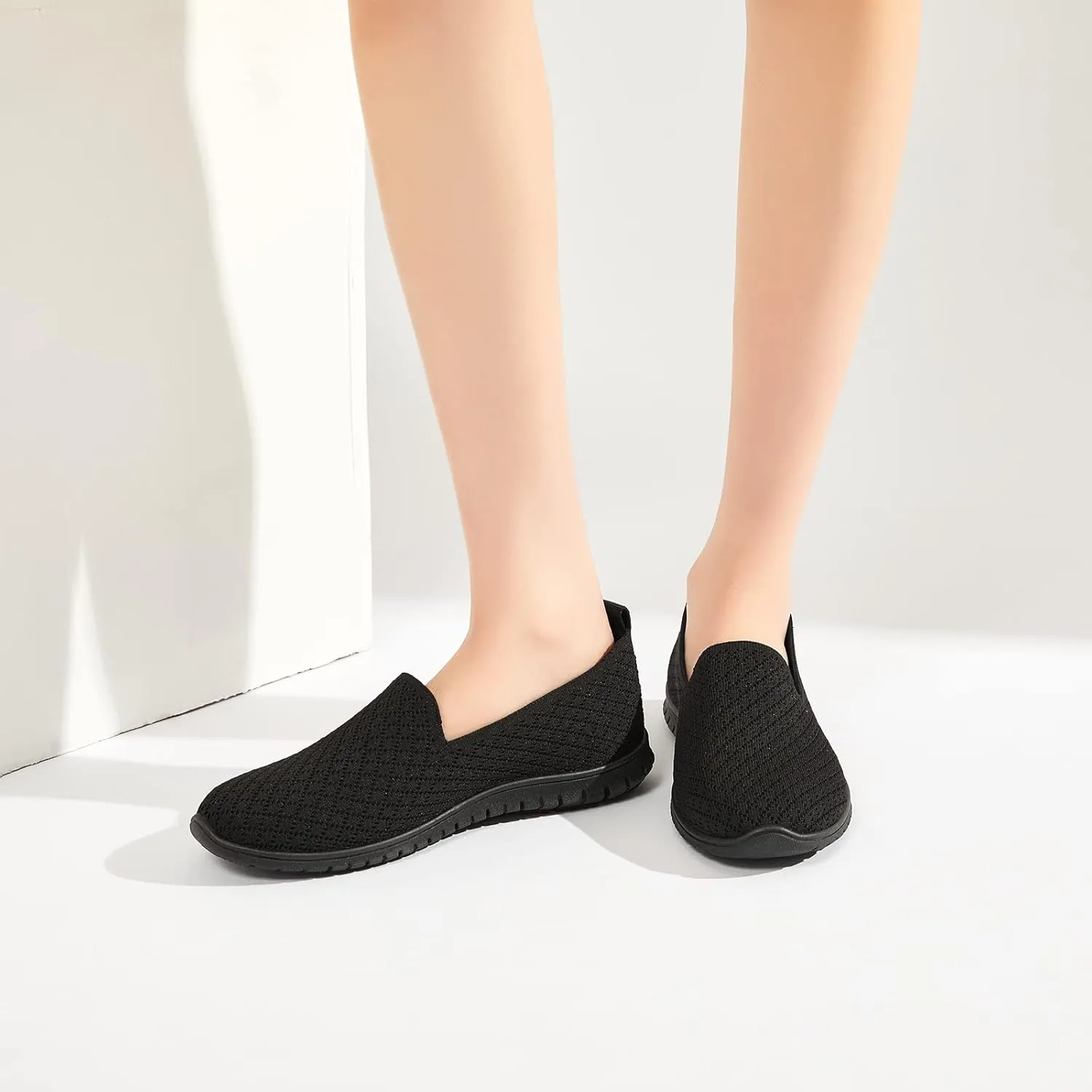 BABUDOG Women's Mesh Flats Shoes Breathable Slip on Shoes Casual Black and White Flats Comfortable Walking Shoes