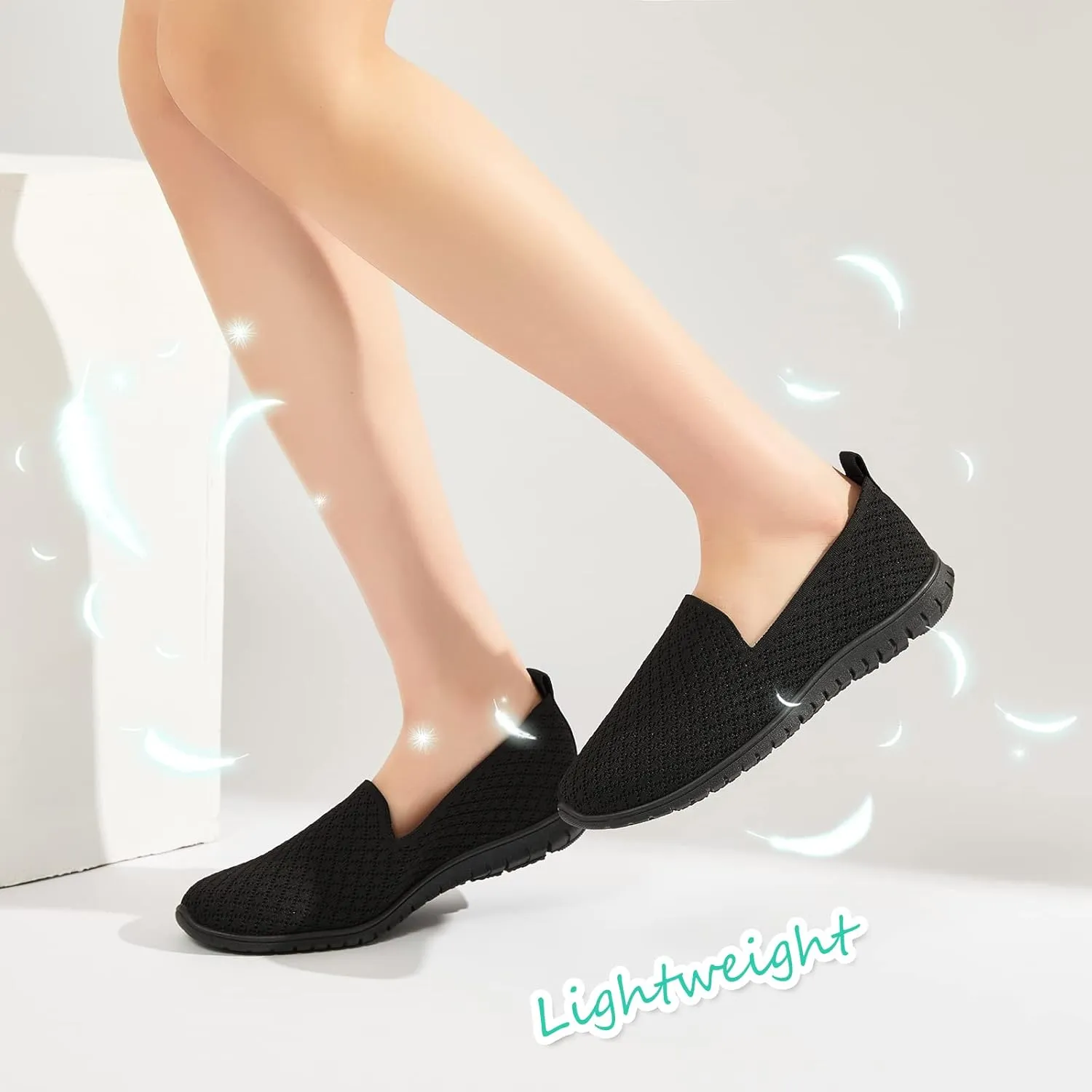BABUDOG Women's Mesh Flats Shoes Breathable Slip on Shoes Casual Black and White Flats Comfortable Walking Shoes