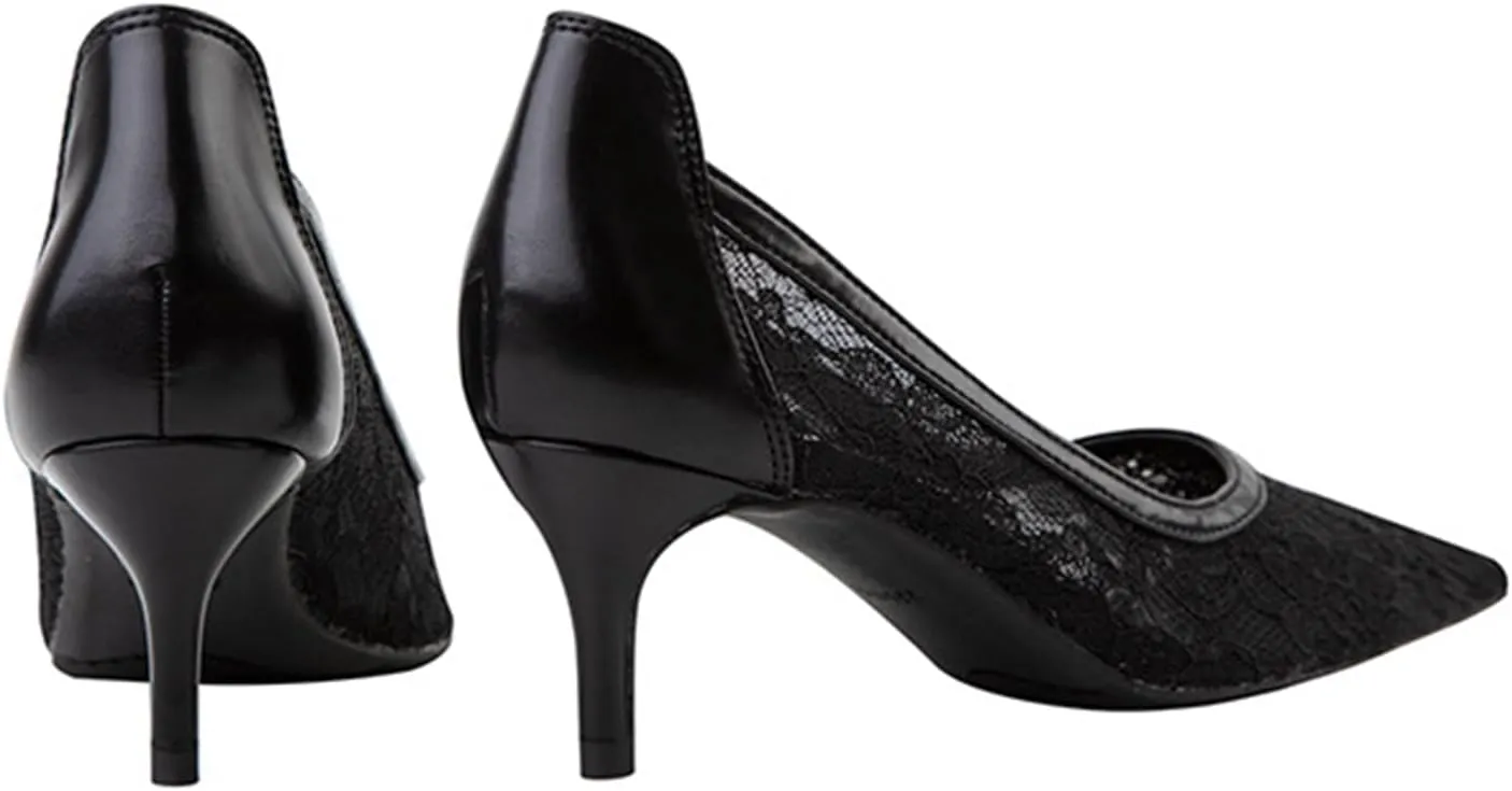 bbruriy Womens Lace Mesh Low Kitten Heel Pumps Classic Fashion Dress Pumps Slip on Elegant Heeled Shoes for Casual Comfort Office Work