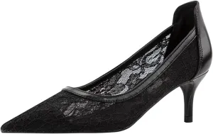 bbruriy Womens Lace Mesh Low Kitten Heel Pumps Classic Fashion Dress Pumps Slip on Elegant Heeled Shoes for Casual Comfort Office Work