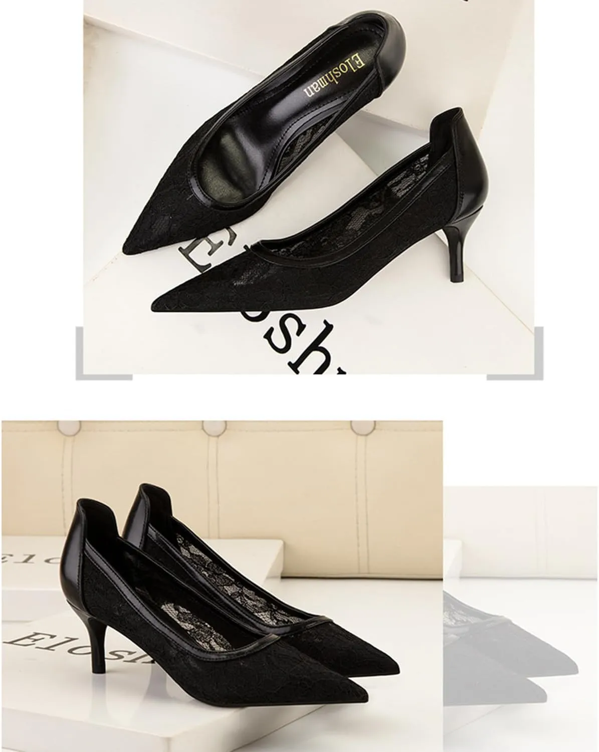 bbruriy Womens Lace Mesh Low Kitten Heel Pumps Classic Fashion Dress Pumps Slip on Elegant Heeled Shoes for Casual Comfort Office Work