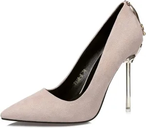 bbruriy Women's Suede High Heel Slip on Pumps Pointed Toe Classic Fashion 3.94Inch Party Wedding Stiletto Heels Dress Office Shoes with Metal Trim