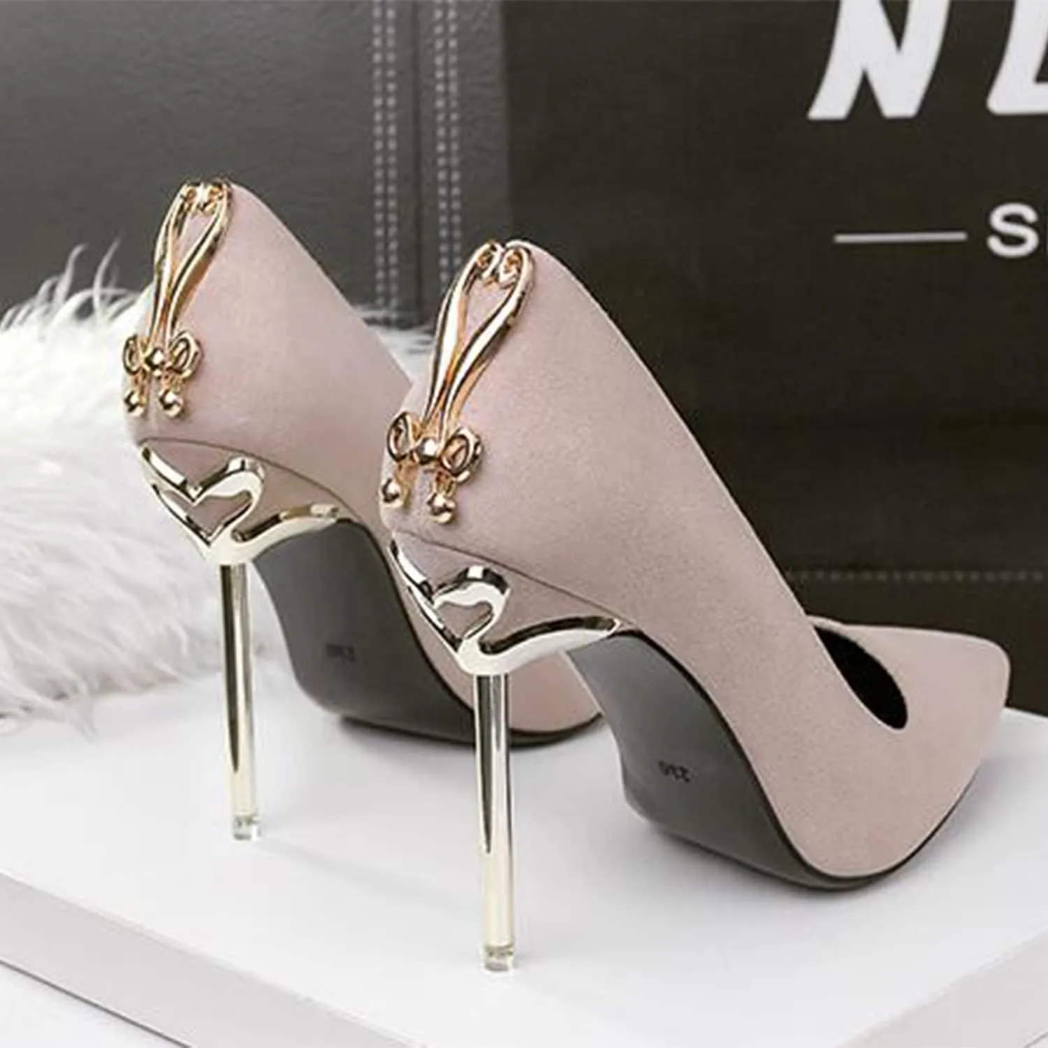 bbruriy Women's Suede High Heel Slip on Pumps Pointed Toe Classic Fashion 3.94Inch Party Wedding Stiletto Heels Dress Office Shoes with Metal Trim