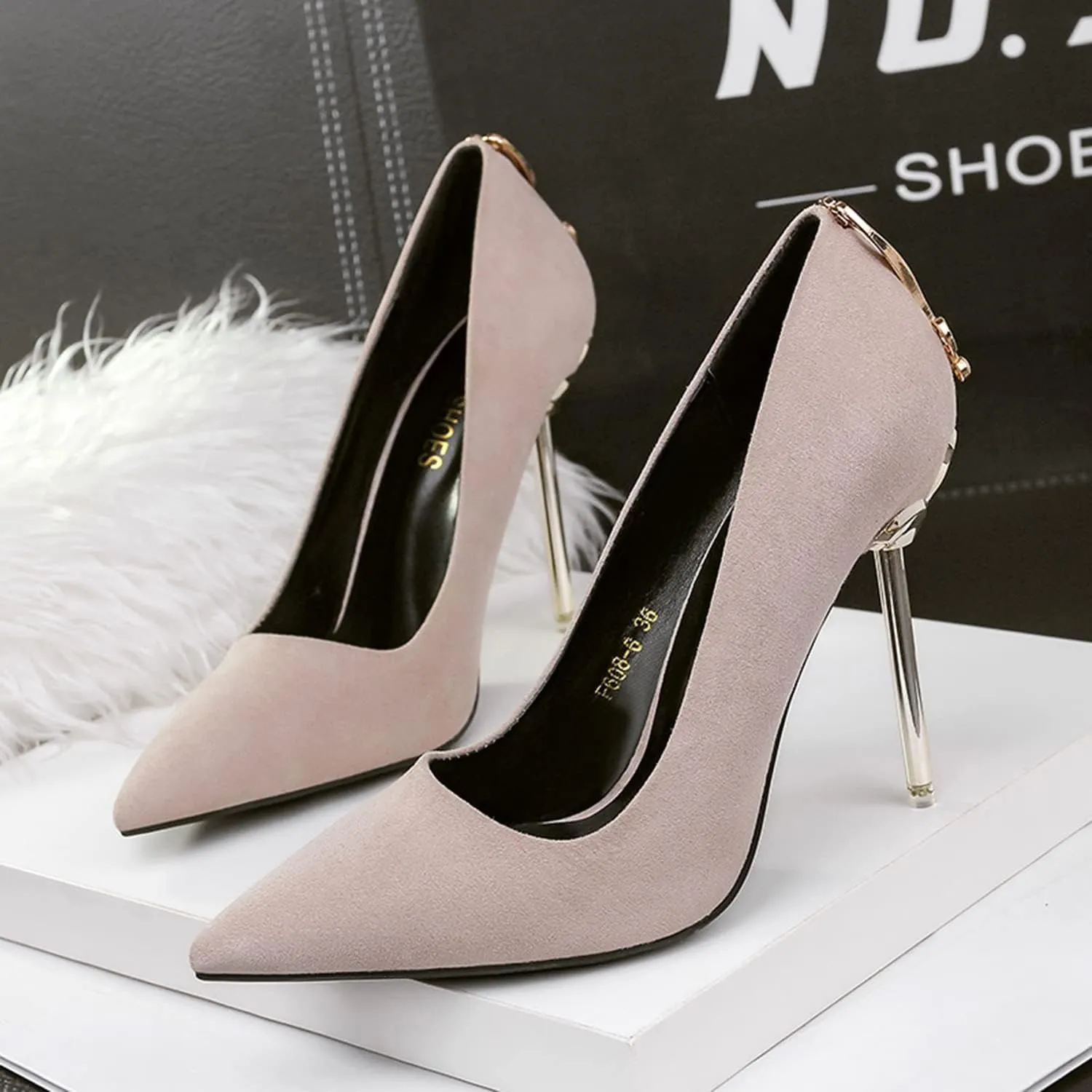 bbruriy Women's Suede High Heel Slip on Pumps Pointed Toe Classic Fashion 3.94Inch Party Wedding Stiletto Heels Dress Office Shoes with Metal Trim