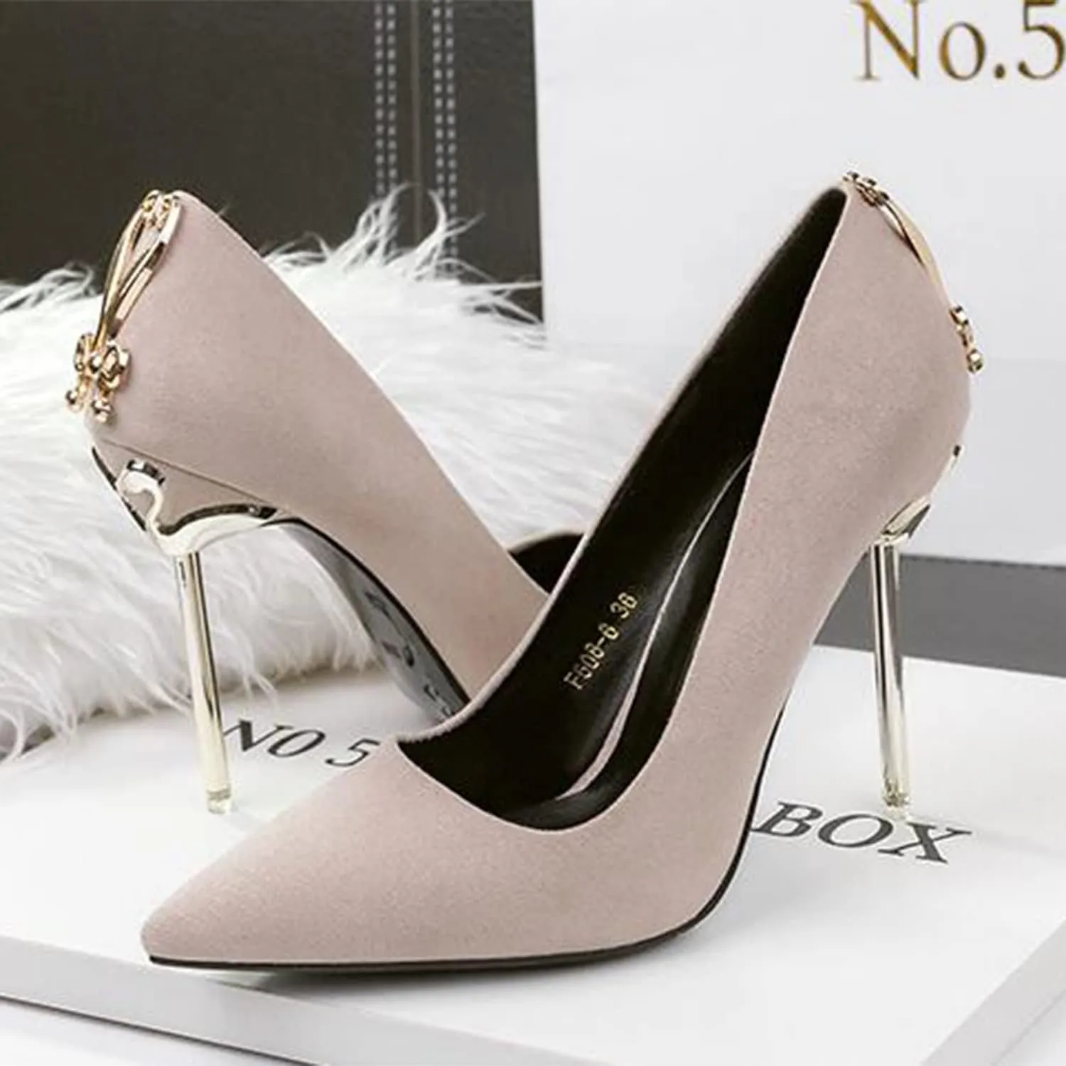 bbruriy Women's Suede High Heel Slip on Pumps Pointed Toe Classic Fashion 3.94Inch Party Wedding Stiletto Heels Dress Office Shoes with Metal Trim