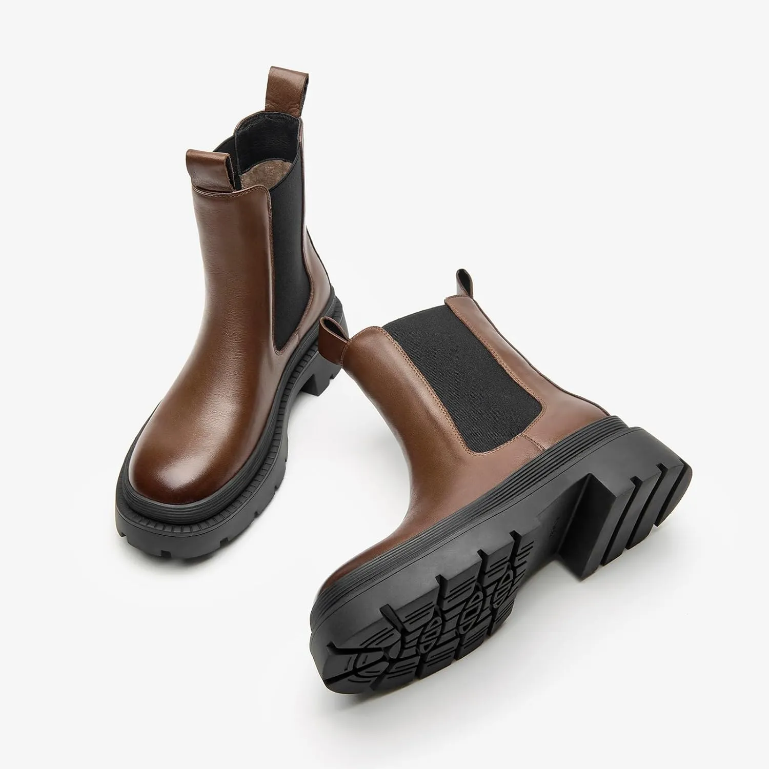 BEAU TODAY Chelsea Boots for Women, Chunky Platform Leather Chelsea Boots Womens Ankle Boots Round Toe Winter Dress Fashion Booties