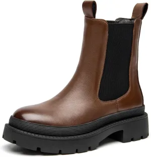 BEAU TODAY Chelsea Boots for Women, Chunky Platform Leather Chelsea Boots Womens Ankle Boots Round Toe Winter Dress Fashion Booties