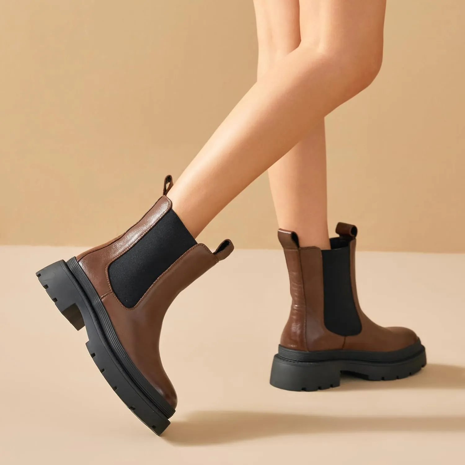 BEAU TODAY Chelsea Boots for Women, Chunky Platform Leather Chelsea Boots Womens Ankle Boots Round Toe Winter Dress Fashion Booties
