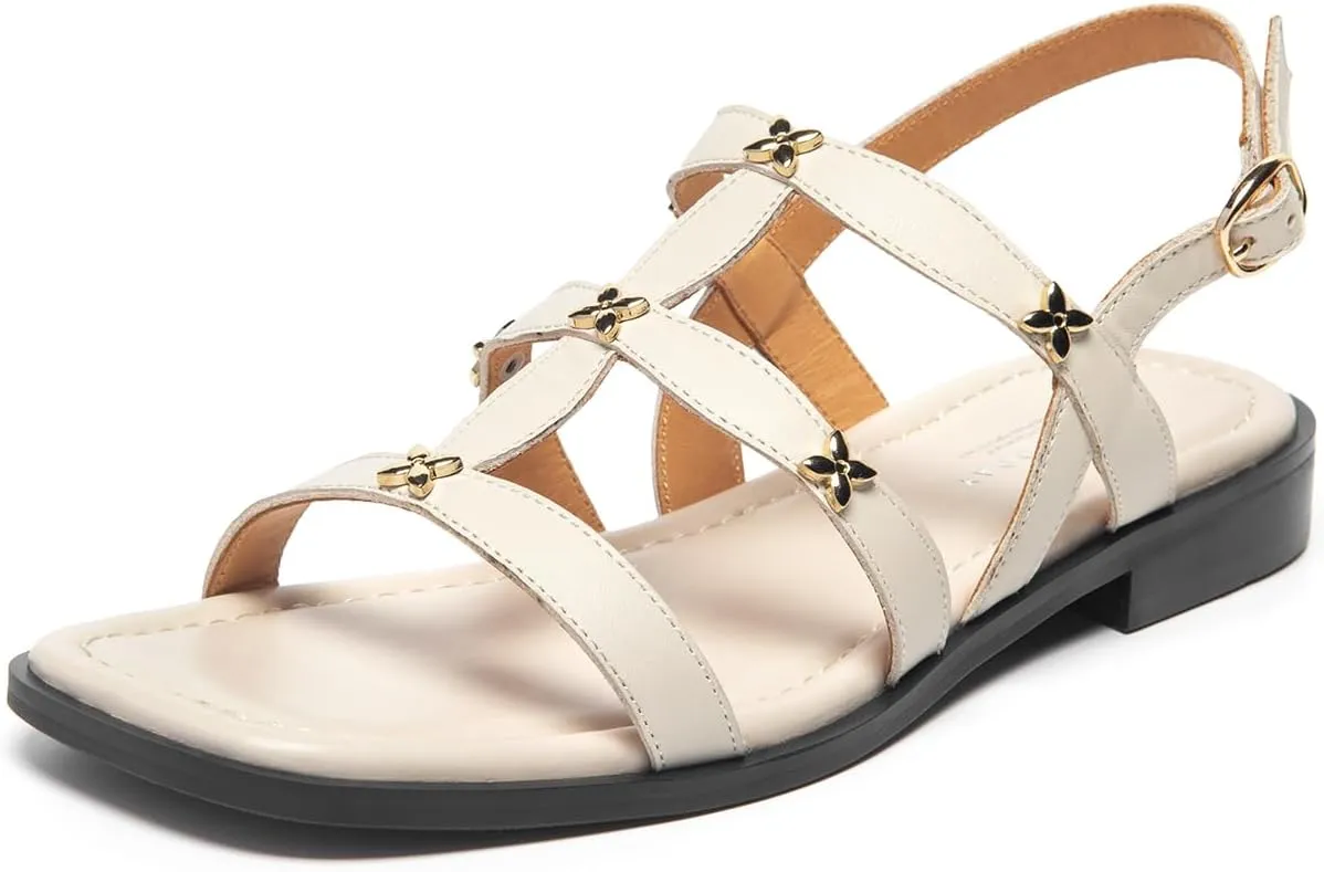 BEAU TODAY Gladiator Sandals for Women, Strappy Leather Fisherman Sandals for Women, Summer Slingback Dressy Comfortable Cute Flats for Wedding Beach Vacation