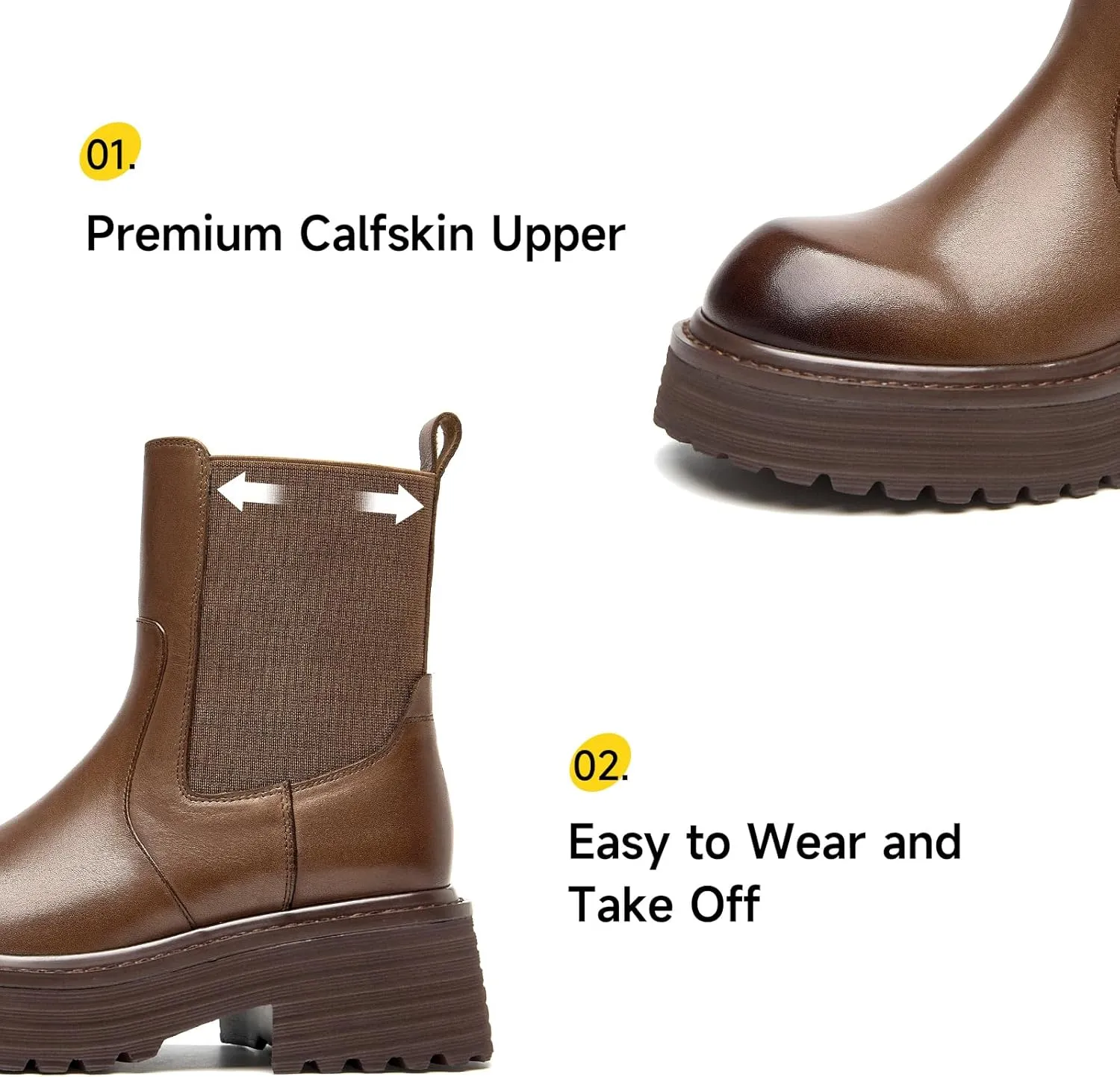 BEAU TODAY Platform Chelsea Boots for Women, Chunky Genuine Leather Elastic Ankle Boots for Women, Fashion Fall boots with Round Toe, Comfortable Slip-on Winter Combat Boots